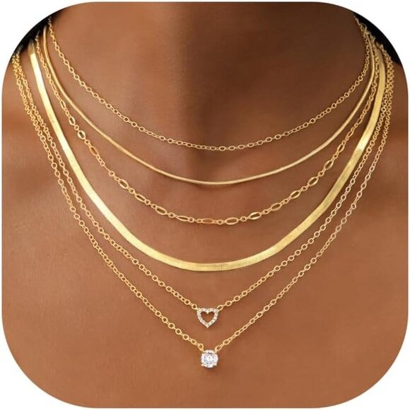 6 Pcs Gold Chokers Necklace Set for Women, 14k Gold Plated CZ Pendant Necklace, - Picture 1 of 5